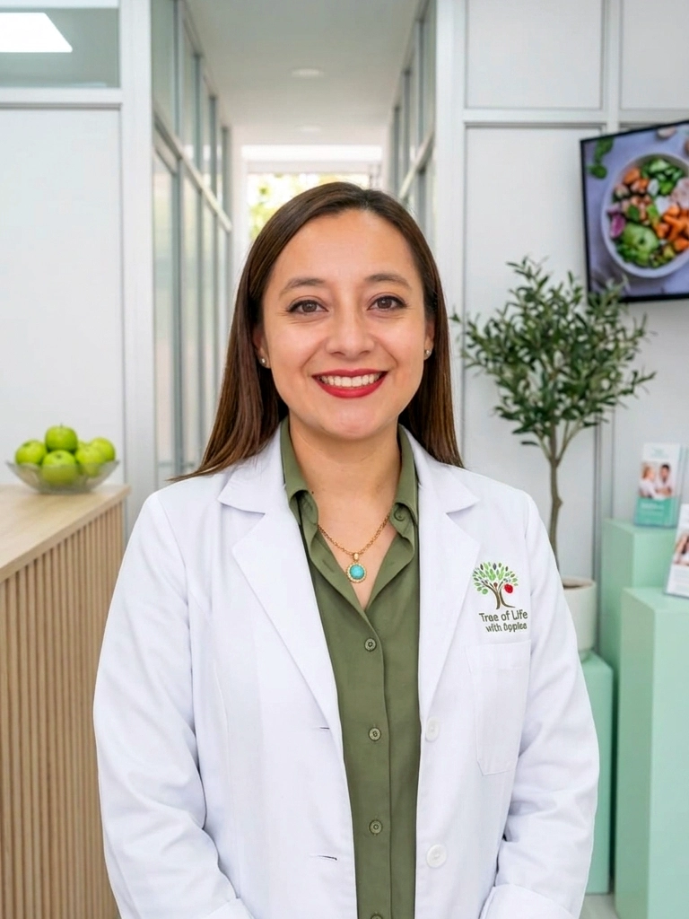 LN y MND Xunaxi Nahomi García Rodríguez, Nutrióloga Clínica, con bata profesional en consultorio